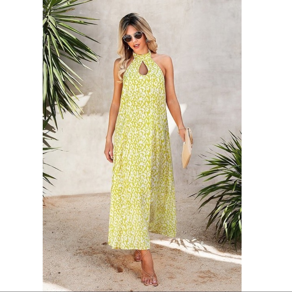 Yellow Green Leopard Print Halter Neck Maxi Dress - Picture 4 of 4